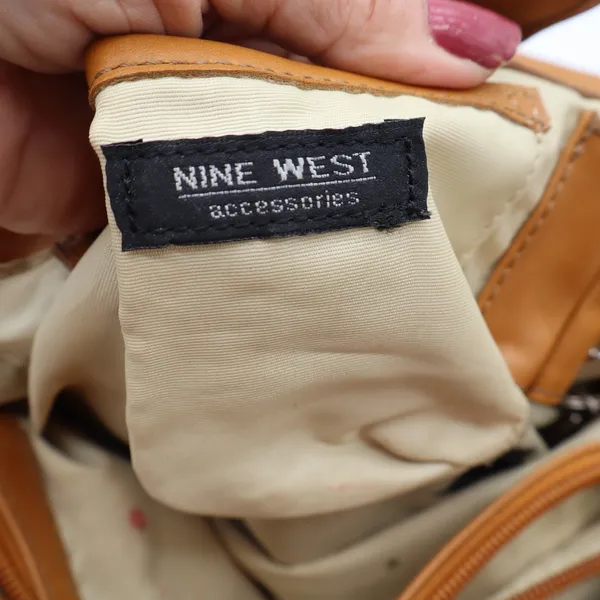 Nine West Shoulder Bag Womens Medium Tan Faux Leather Multi Pocket Satchel Good - Image 6