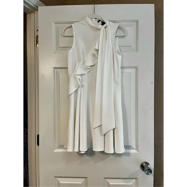 Jay Godfrey White Mia Mini Swing Sleeveless Tie Neck Ruffle Size 6 Dress - Image 3