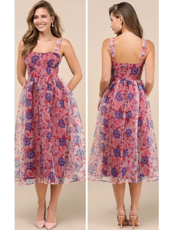 Lulus Delightful Look Magenta Floral Print Bustier Midi Skater Dress Size Large - Image 2