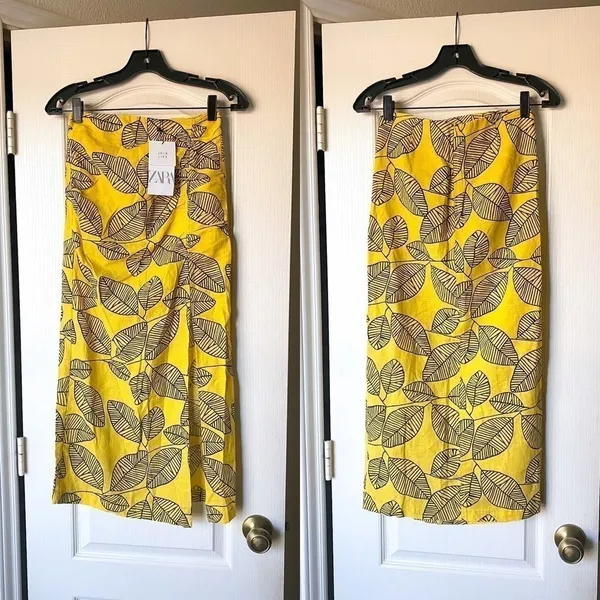 Zara Printed Linen Blend Leaf Midi Skirt Yellow Black‎ XS NWT - Image 2