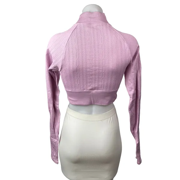 Alo Yoga Seamless Pink Cable Knit Mock Neck Long Sleeve Athletic Crop Top Sz S - Image 4