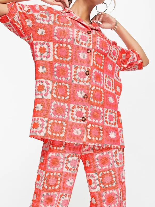 Damson Madder Bessie Wave Crochet Short Sleeve Co-ord Shirt Pink Orange 6 $136 - Image 3