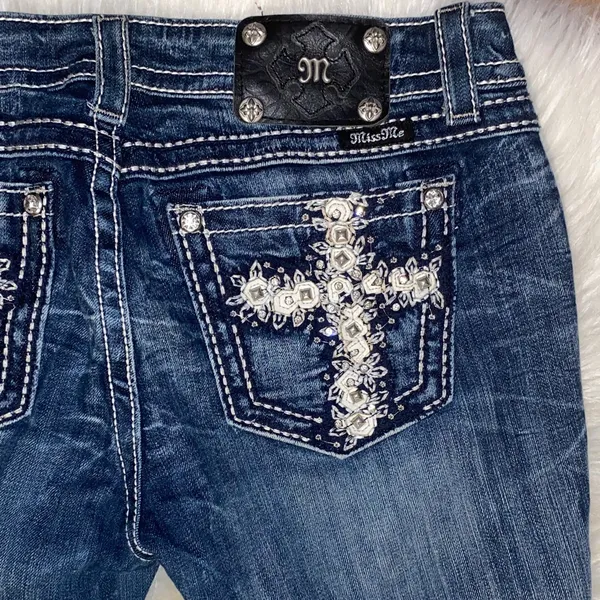 Miss me 30 studded cross Dark Wash Women's Straight Leg Jeans - Blue - Image 6