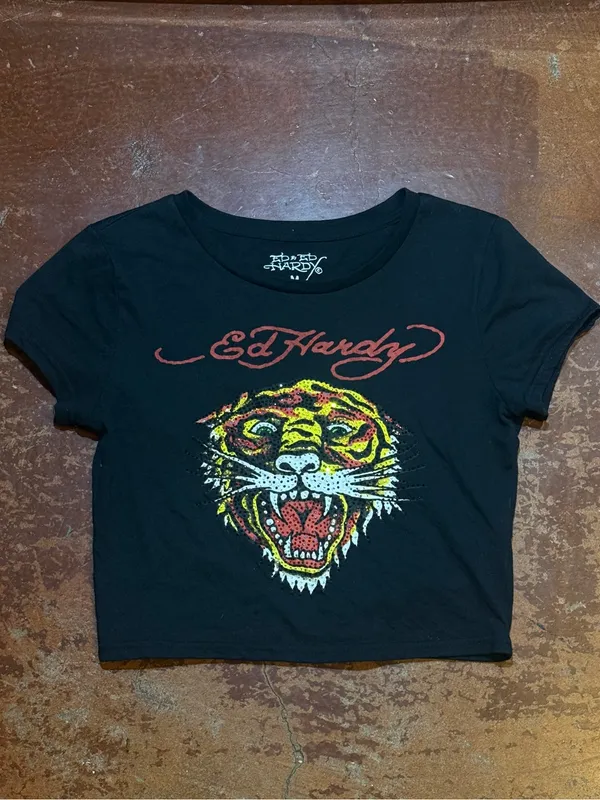 Ed Hardy Black Crop Tee with Multicolor Tiger Graphic - Image 2