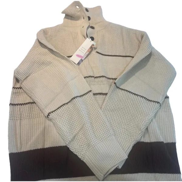 Dokotoo NWT Beige/Brown Striped Collared Button Neck Knit Pullover Sweater L Size L - Image 4