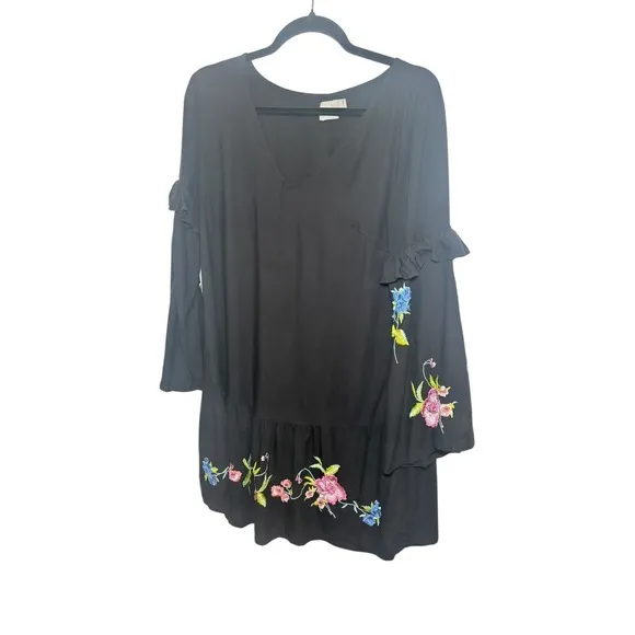 ASOS Black Embroidered Floral Ruffle Sleeve‎ Tiered Mini Dress UK 8 US 4 - Image 2