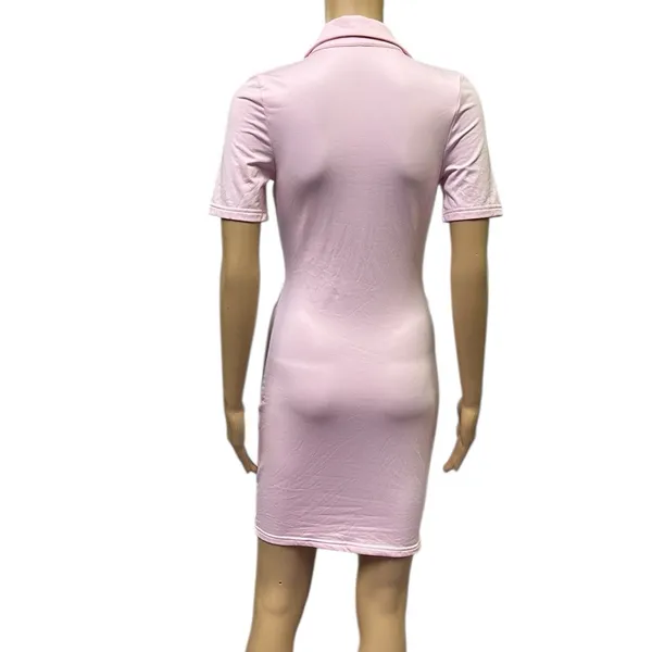 Source Unknown Pink Ruched Bodycon Full Button Front Short Sleeve Mini Dress Womens Small - Image 2