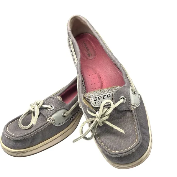 Sperry 8 Angelfish Linen Boat Shoe Womens Grey Flats Preppy loafer Open Weave - Image 2