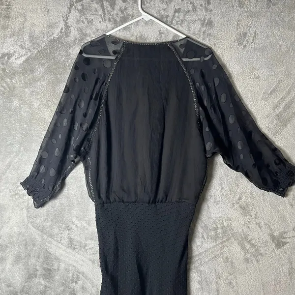 Tibi Black Silk Chiffon Dress Sheer Polka Dot Sleeves Tie Neck Size 2 XS‎ - Image 9