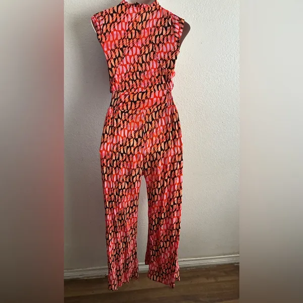 Free People Sahara Jumpsuit In Orange/Pink Abstract Print Wide Leg Boho Gypsy S - Image 5