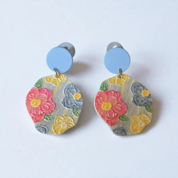 Flowerful Colorful Embossed‎ Acrylic Earrings with Blue Studs - Image 9