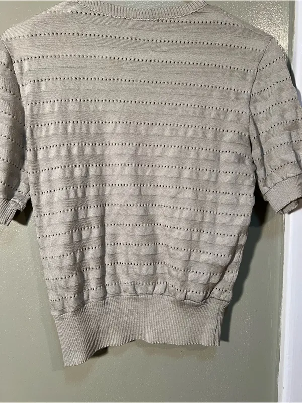 Women's Crewneck Short Sleeve Sweater Beige Pointelle Striped‎ Knit Ribbed Hem - Image 8