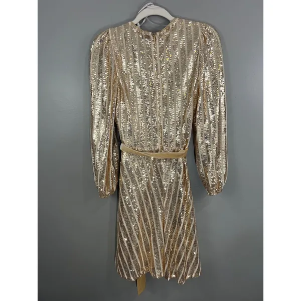 Nanette Lepore Sequin Wrap Dress Women Size 8 Gold Great Long Sleeve Velvet Belt - Image 5