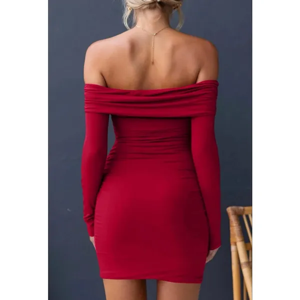 NEW Off The Shoulder Ruched Bodycon Long Sleeve Ribbed Knit Fitted Mini Dress M - Image 2