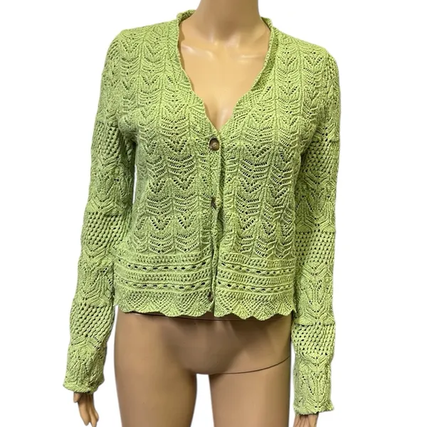 Mango MNG Open Work Knit Scalloped V neck Cardigan Long Sleeve Green Womens S - Image 2