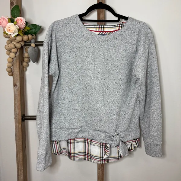 Izod Womens Grey Speckled Sweatshirt Plaid Tie Front Layered Look Size Medium‎ - Image 2