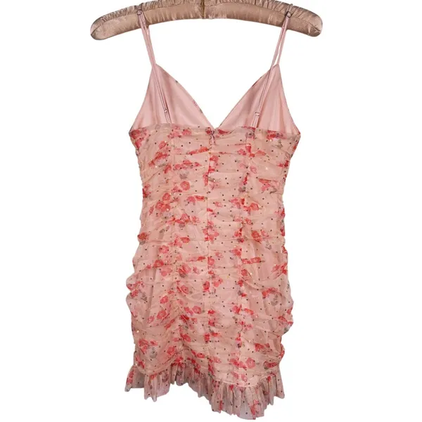 Lucy in the Sky Coquette Floral Mini Dress Ruched Sequin Mesh Small Pink Date - Image 3