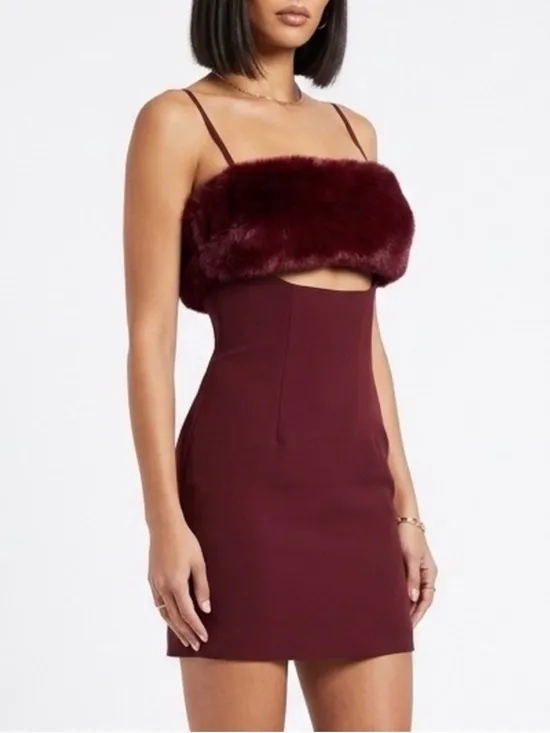 Naked Wardrobe Burgundy Faux Fur Trim Mini Dress Sexy Date Night Club Prom Med - Image 3