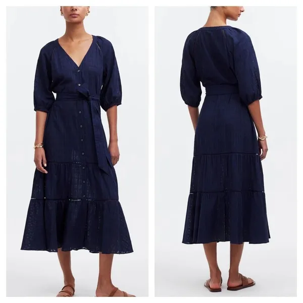 Madewell Tie-Waist Tiered Midi Dress in‎ Windowpane Sz 6 - Image 2
