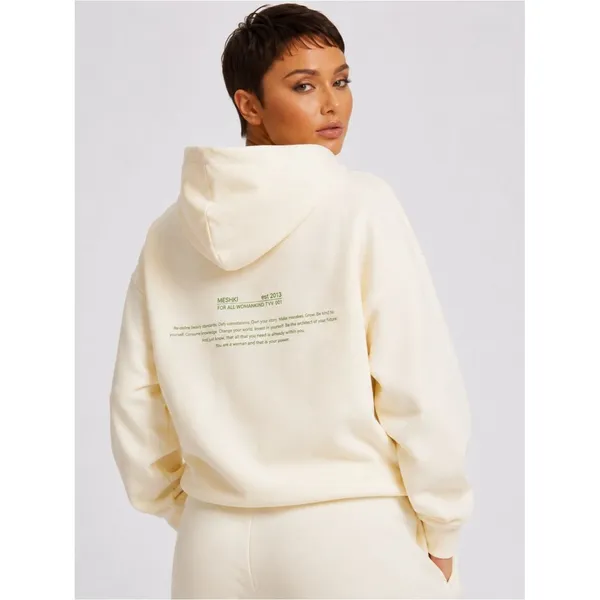 MESHKI Oversized Cream Graphic Hoodie Fleece Streetwear Pullover Medium Cozy - Image 2