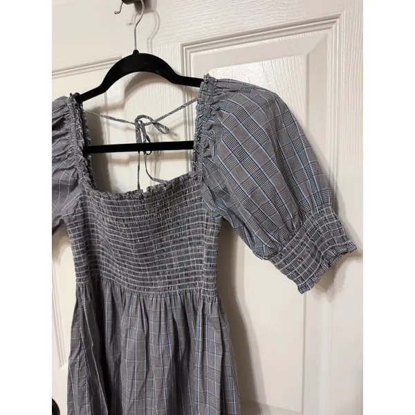Hill House Home The‎ Athena Nap Dress Blue Grey Plaid Smocked Mini Dress XS - Image 5