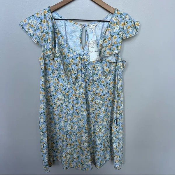 Hem & Thread NWT Peony Floral Ruffle Mini Dress Blue and Yellow Linen Size Small - Image 6