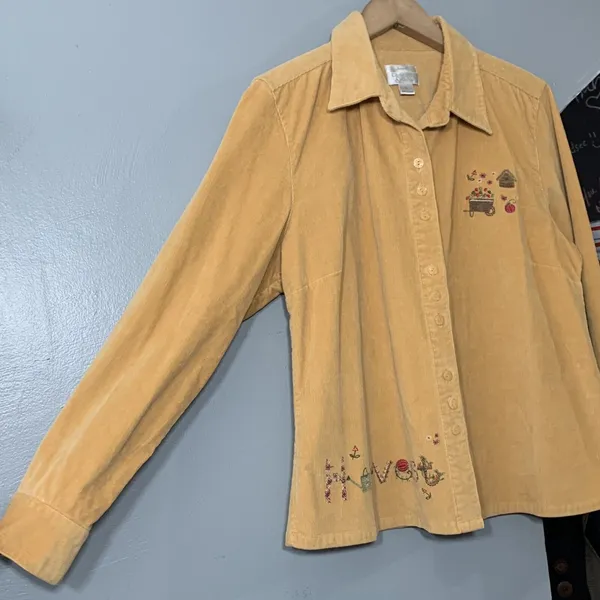 Country Grandma Size Large Yellow Embroidered Corduroy Shirt Autumn Harvest Fall - Image 2
