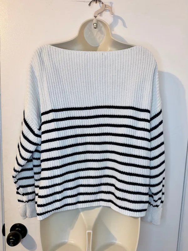 French Connection XS White Black Stripe Knit Boat Neck Sweater Cotton - Image 8