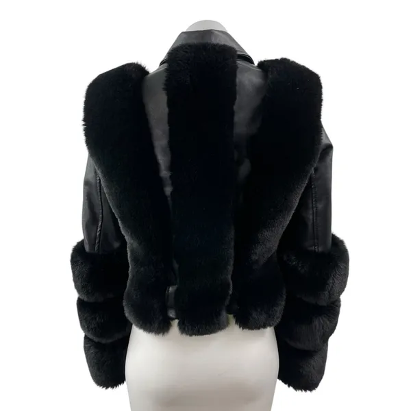 Women's Black Faux Fur Trim Faux Vegan Leather Crop Moto Biker Coat Jacket Sz S - Image 5