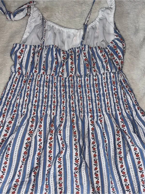 New Kacey Lee Blue & White Striped Floral Tie-Shoulder Dress - Image 3