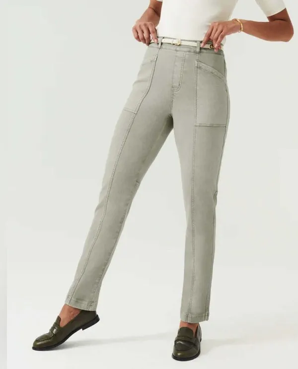 Spanx Stretch Twill Straight Leg Pants Olive Oil Green Pull On Women Size Medium - Image 3
