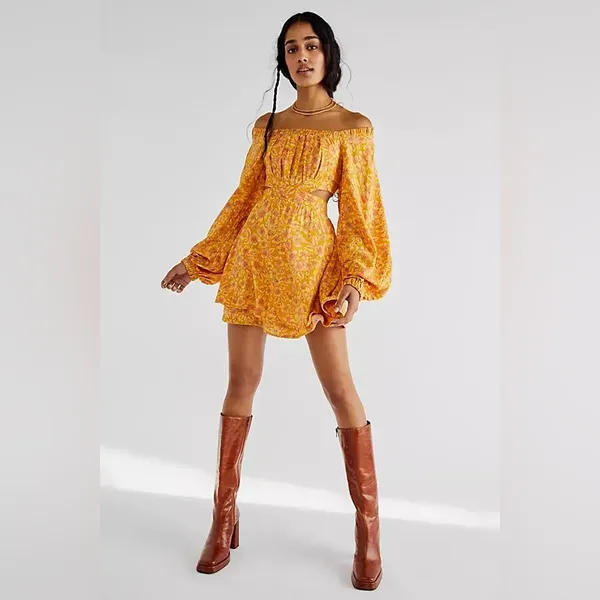 Free People Jael Printed Mini Dress Size Medium Cut Out sides Yellow Floral - Image 8