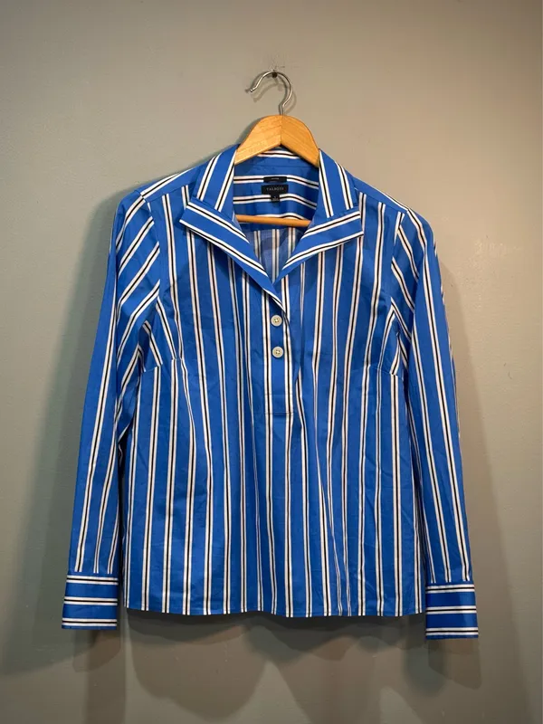 Blue Talbots Striped Non-Iron Half Button Down Shirt Size S Like New - Image 4