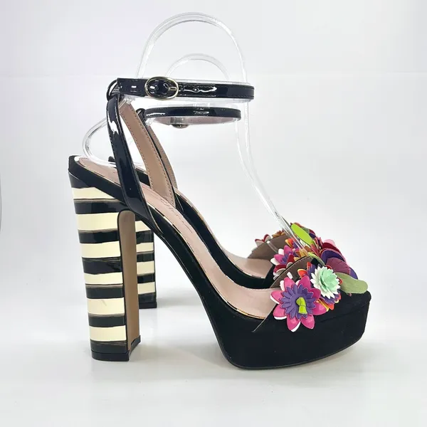 Betsey Johnson Carra Platform Heels Size 9 Black Floral Striped Cocktail Sandals - Image 4