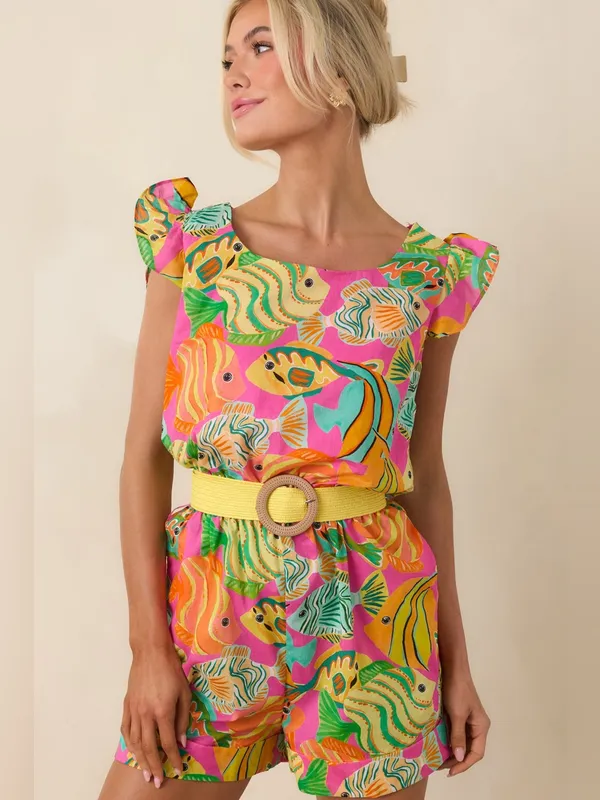 Paradisa Melbourne Pink Multi Cotton Fish Print Romper Size Small - Image 6