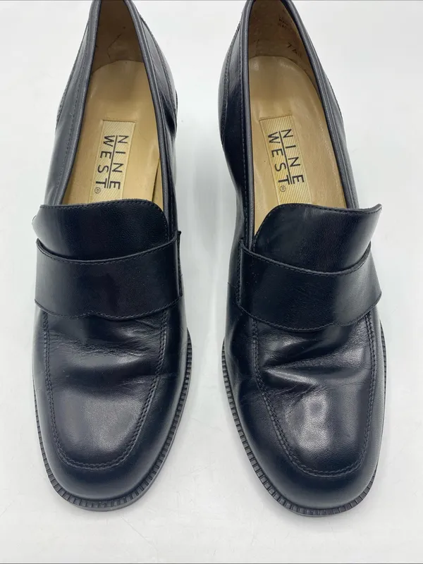 Vintage Womens Black Leather Heeled Loafers 7.5 Nine West Preppy Y2K - Image 4