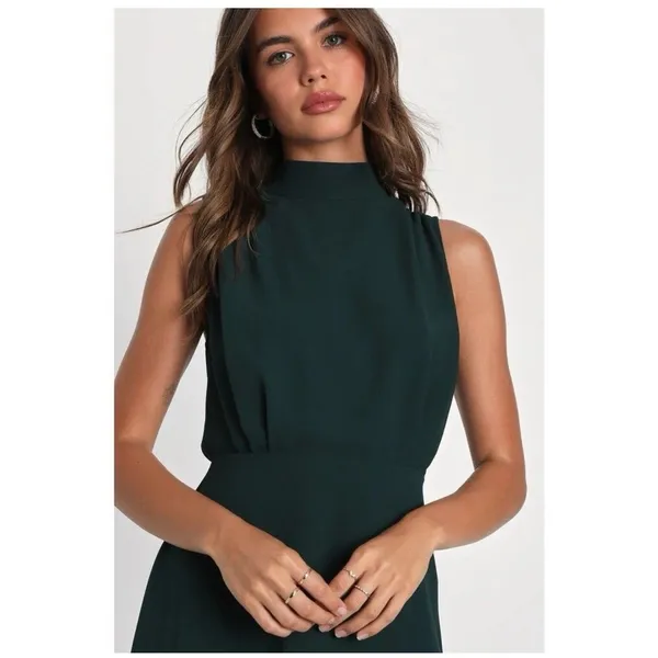 Lulus Classic Elegance Emerald Chiffon Sleeveless Mock Neck Maxi Dress Small - Image 3