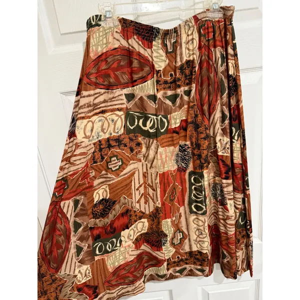 Vintage 90s Midi Abstract Geometric Print Skirt Elastic‎ Waist Brown Large - Image 3