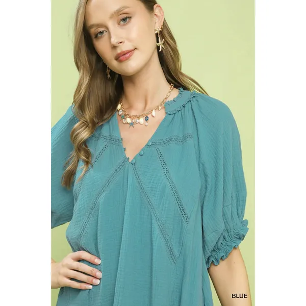 Umgee Cotton Gauze Mini Dress - Blue - Small - Image 4