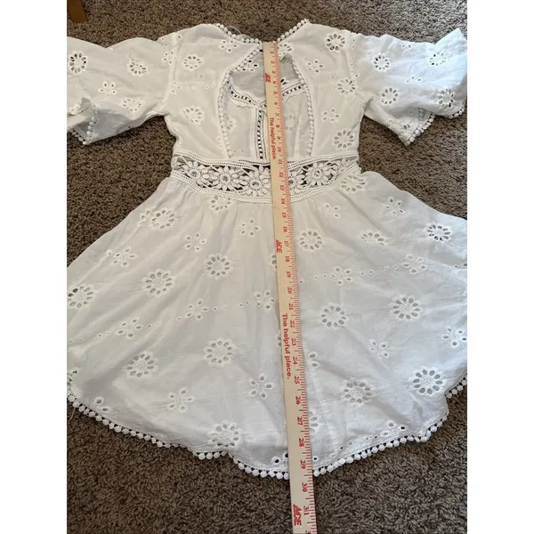Saints + Secrets White Bell Sleeve Cutout Ruffle Mini Sheer Dress US Small - Image 7