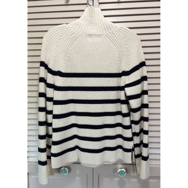 H&M 1/4 Zip Striped Oversized Knit Cardigan Size M‎ Long Sleeve Navy/Cream - Image 4
