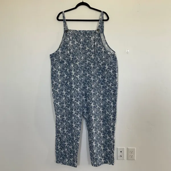 Unbranded Floral Bib Overalls Women XXL Blue White Wide Leg Adjustable Straps EX - Image 2