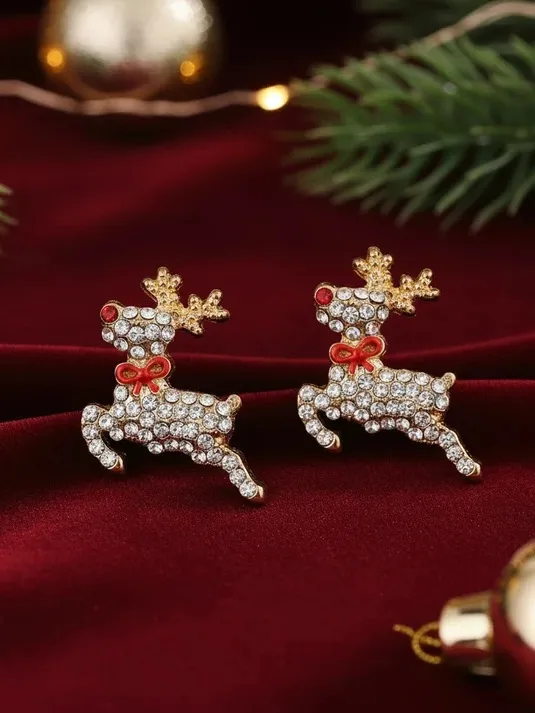 Holiday Gold Reindeer Crystal Stud Earrings - Image 4