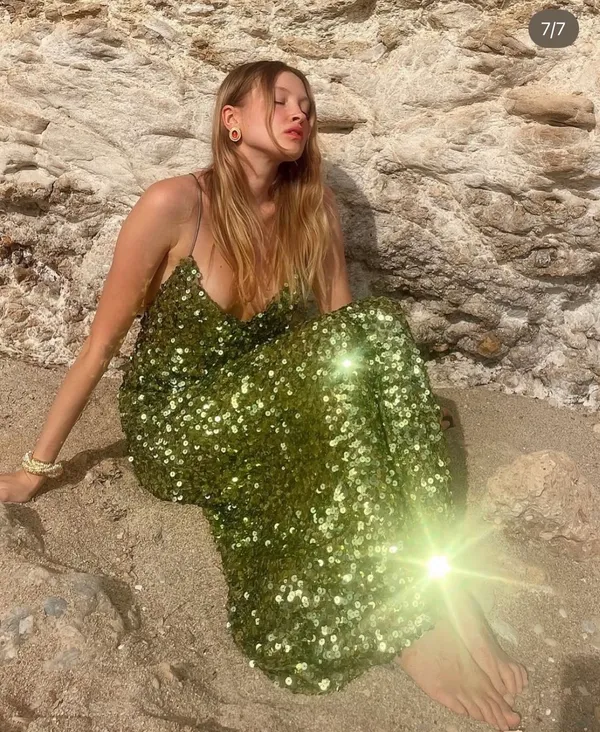 Zara Green Sequin Gown Maxi Dress Holiday Party Evening Festive Christmas - Image 12