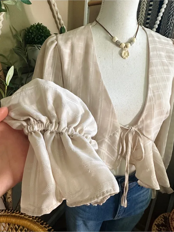 Mable Blush Beige Plaid Tie Front Peplum Blouse Medium - Image 3