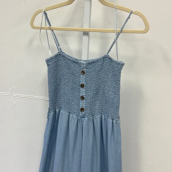 Love Tree Blue Tencel Smocked Wide Leg Jumpsuit Womens Medium 3487RM Pocketed - Image 3