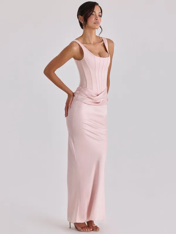 House of CB Kira Blush Pink Satin Gathered Maxi Dress XS - Image 10