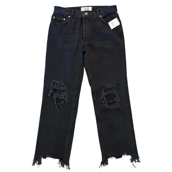 FREE PEOPLE Maggie Mid Rise Washed Black Distressed Jeans Raw Hem Size 24 NEW - Image 4