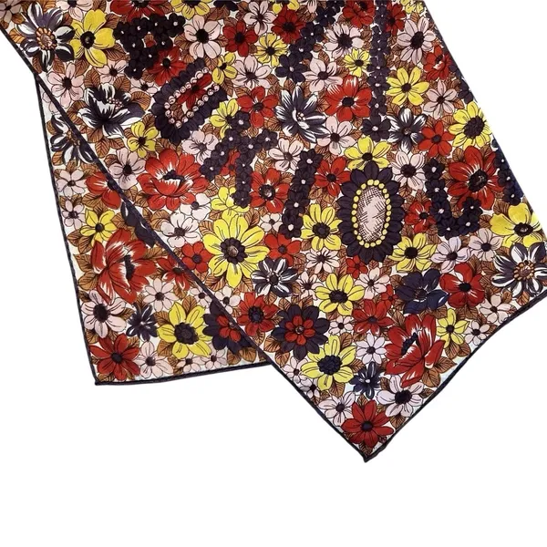 Vintage 1970s Floral Scarf‎ Made in Japan Rolled Hem Mod Brown Pink Autumn 25x25 - Image 8