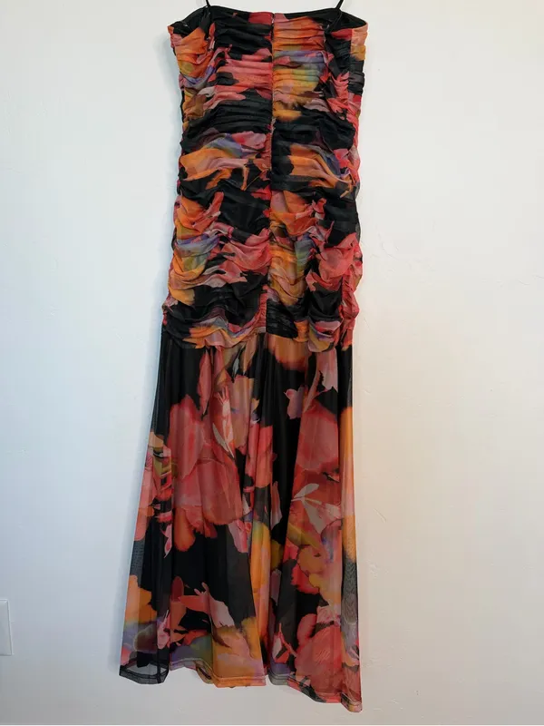 Hutch Bonnie Strapless Ruched Mesh Maxi Dress Floral Wedding Guest Large NWT - Image 4